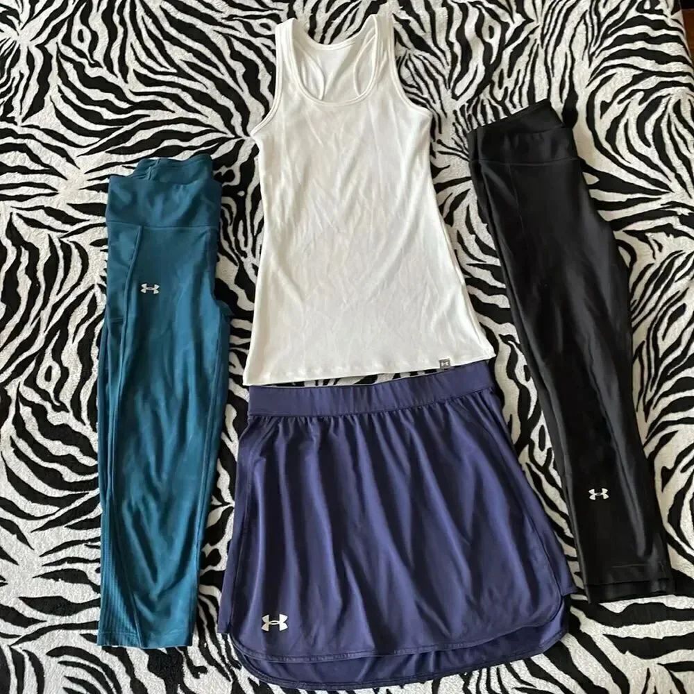 Bundle set of 4 women’s under armour pants, leggings, skirt tank top gym outfit